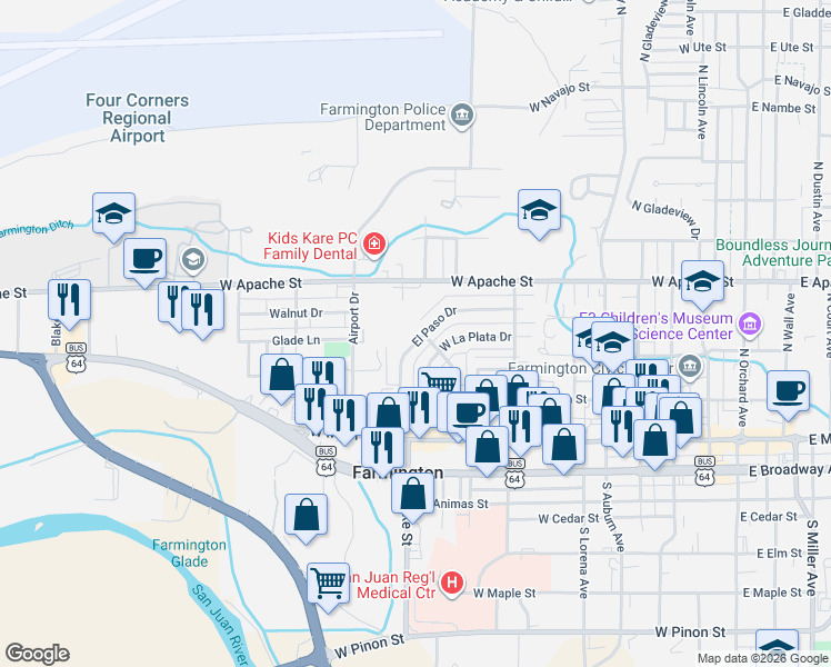 map of restaurants, bars, coffee shops, grocery stores, and more near 220 El Paso Drive in Farmington