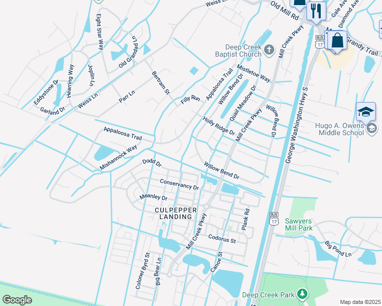 map of restaurants, bars, coffee shops, grocery stores, and more near 504 Black Bear Court in Chesapeake