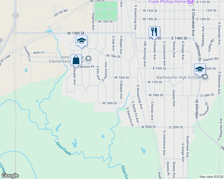 map of restaurants, bars, coffee shops, grocery stores, and more near 1657 South Oak Avenue in Bartlesville