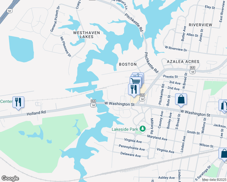 map of restaurants, bars, coffee shops, grocery stores, and more near 1046 West Washington Street in Suffolk