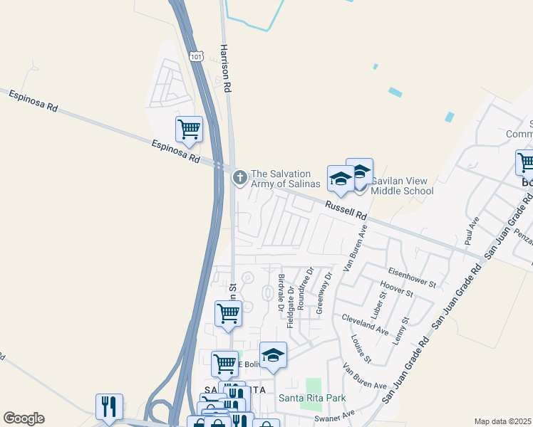map of restaurants, bars, coffee shops, grocery stores, and more near 2414 North Main Street in Salinas