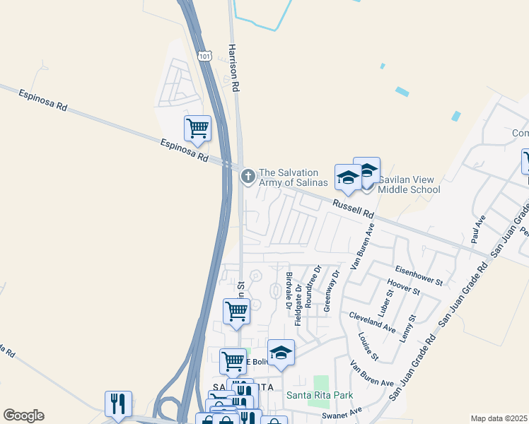 map of restaurants, bars, coffee shops, grocery stores, and more near 2414 North Main Street in Salinas