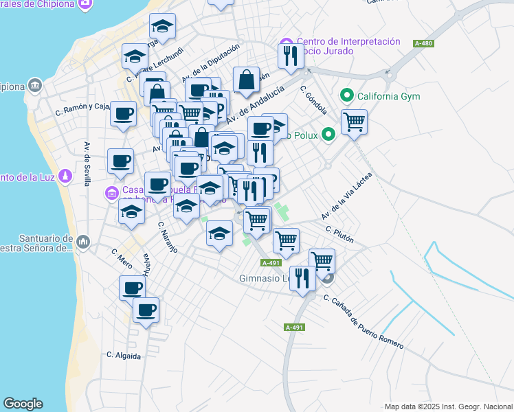 map of restaurants, bars, coffee shops, grocery stores, and more near 33 Avenida de la Constitución in Chipiona