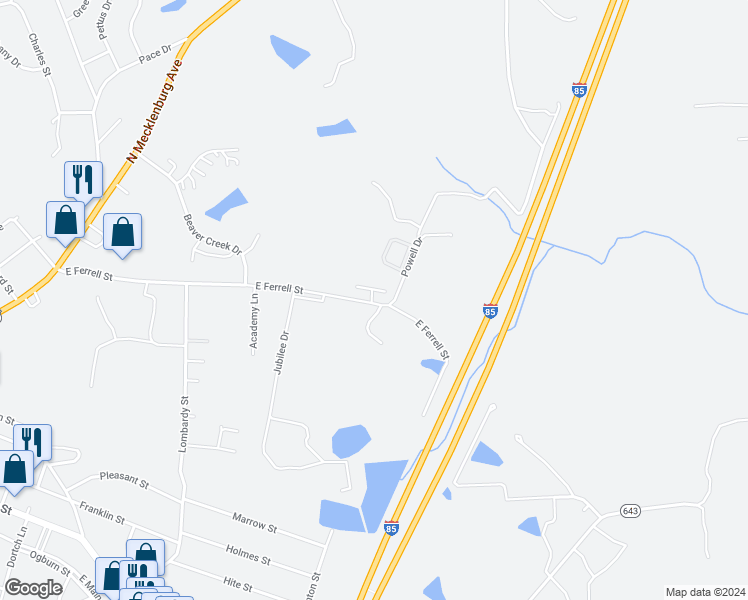 map of restaurants, bars, coffee shops, grocery stores, and more near 517 East Ferrell Street in South Hill