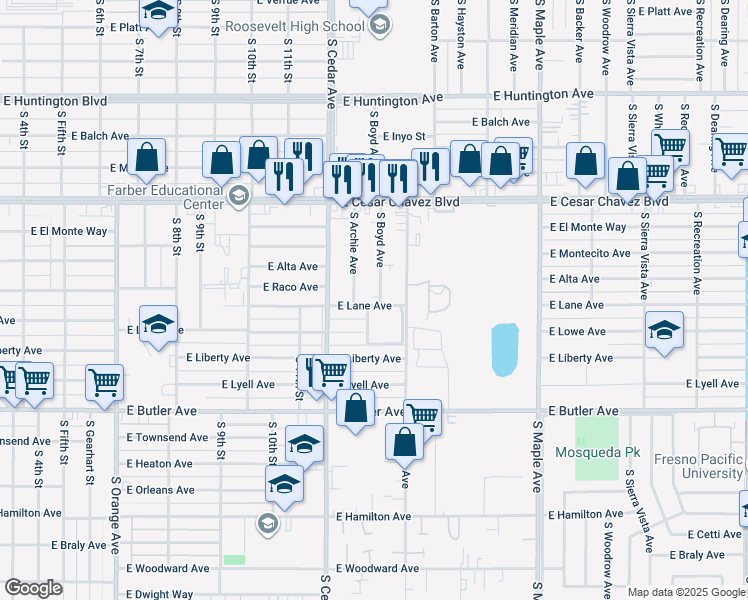 map of restaurants, bars, coffee shops, grocery stores, and more near 1040 South Boyd Avenue in Fresno