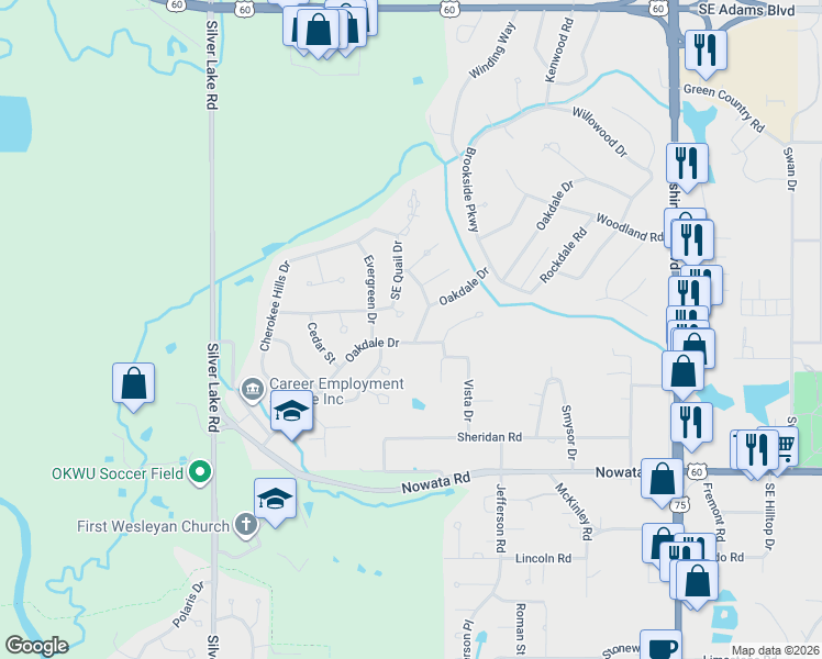 map of restaurants, bars, coffee shops, grocery stores, and more near 1480 Oakdale Drive in Bartlesville