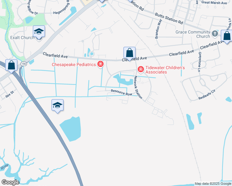 map of restaurants, bars, coffee shops, grocery stores, and more near 509 Resource Row in Chesapeake