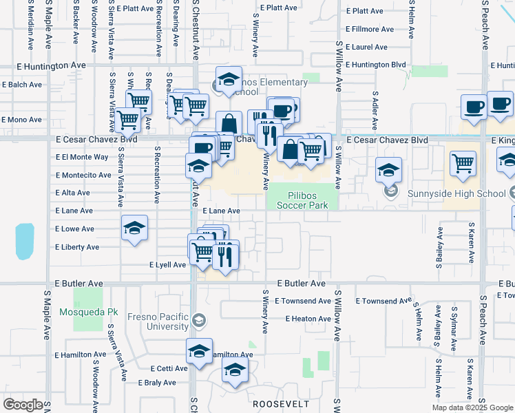 map of restaurants, bars, coffee shops, grocery stores, and more near 4860 East Lane Avenue in Fresno