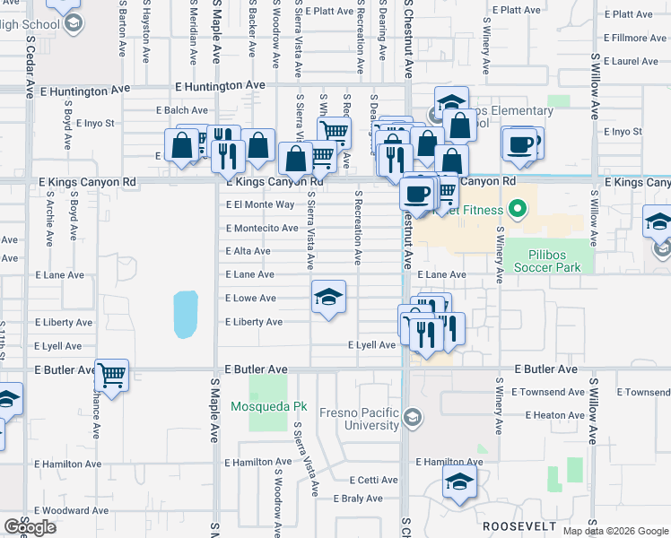 map of restaurants, bars, coffee shops, grocery stores, and more near 4710 East Lane Avenue in Fresno