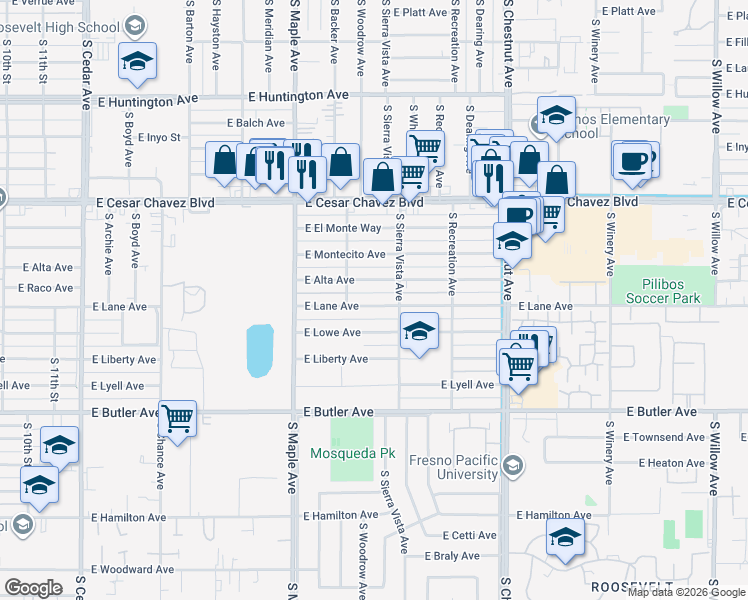 map of restaurants, bars, coffee shops, grocery stores, and more near 4676 East Lane Avenue in Fresno
