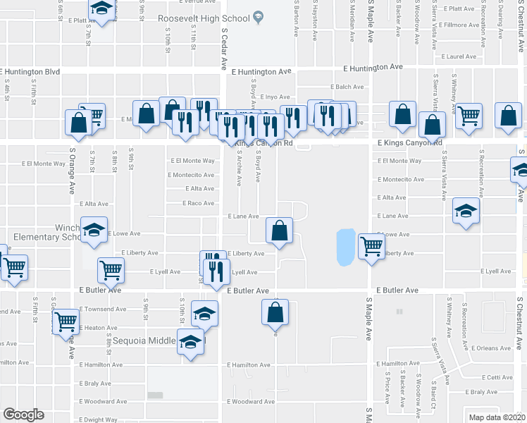 map of restaurants, bars, coffee shops, grocery stores, and more near 1040 South Boyd Avenue in Fresno