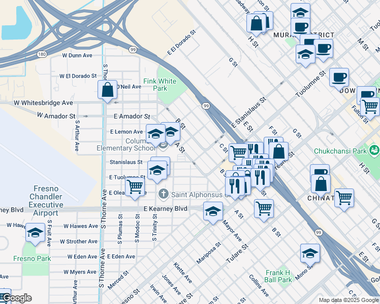 map of restaurants, bars, coffee shops, grocery stores, and more near 426 East Stanislaus Street in Fresno