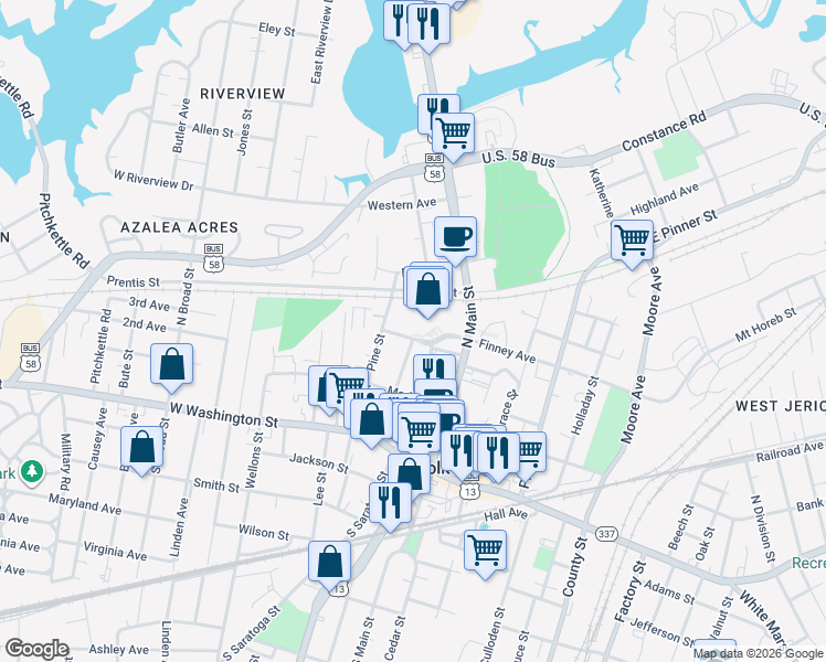 map of restaurants, bars, coffee shops, grocery stores, and more near 230 Clay Street in Suffolk