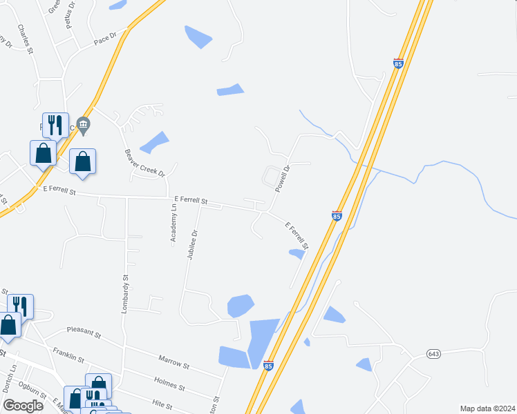 map of restaurants, bars, coffee shops, grocery stores, and more near 517 East Ferrell Street in South Hill