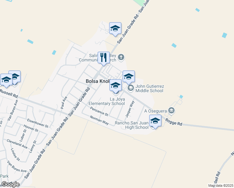 map of restaurants, bars, coffee shops, grocery stores, and more near 55 Rogge Road in Salinas