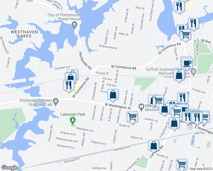 map of restaurants, bars, coffee shops, grocery stores, and more near 657 2nd Avenue in Suffolk