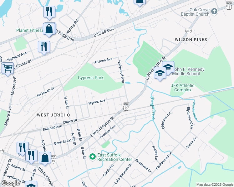 map of restaurants, bars, coffee shops, grocery stores, and more near 407 Ben Street in Suffolk