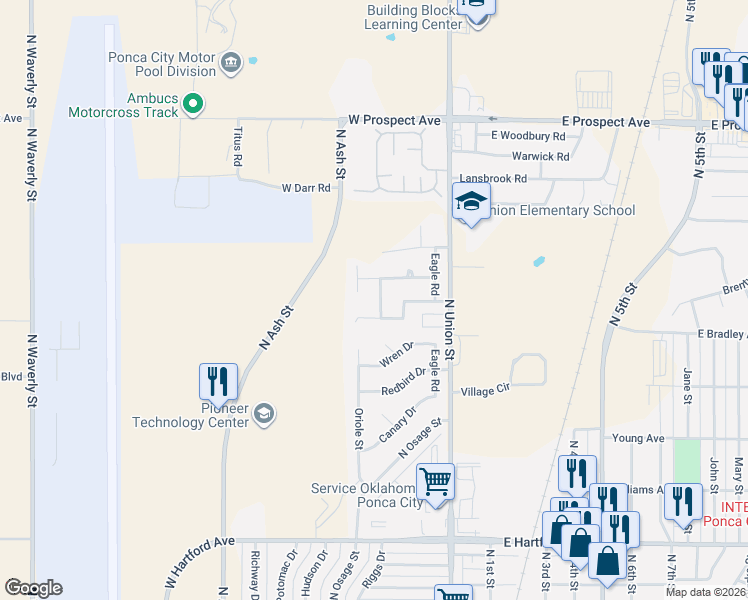 map of restaurants, bars, coffee shops, grocery stores, and more near 500 Lora Street in Ponca City