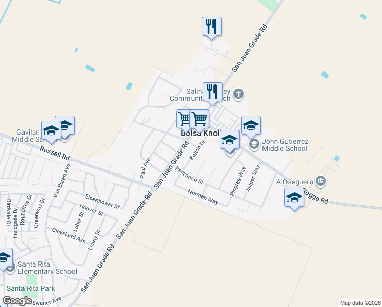 map of restaurants, bars, coffee shops, grocery stores, and more near 305 Kelton Drive in Salinas