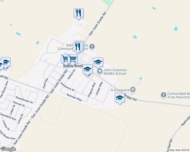 map of restaurants, bars, coffee shops, grocery stores, and more near 338 Bollenbacher Drive in Salinas