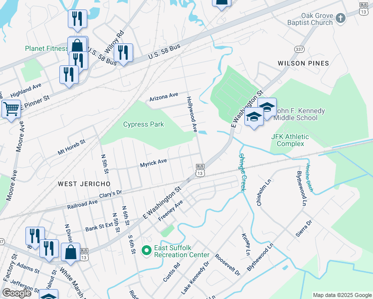 map of restaurants, bars, coffee shops, grocery stores, and more near 407 Ben Street in Suffolk