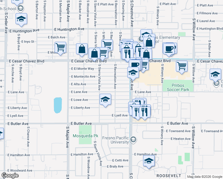 map of restaurants, bars, coffee shops, grocery stores, and more near 4740 East Lane Avenue in Fresno