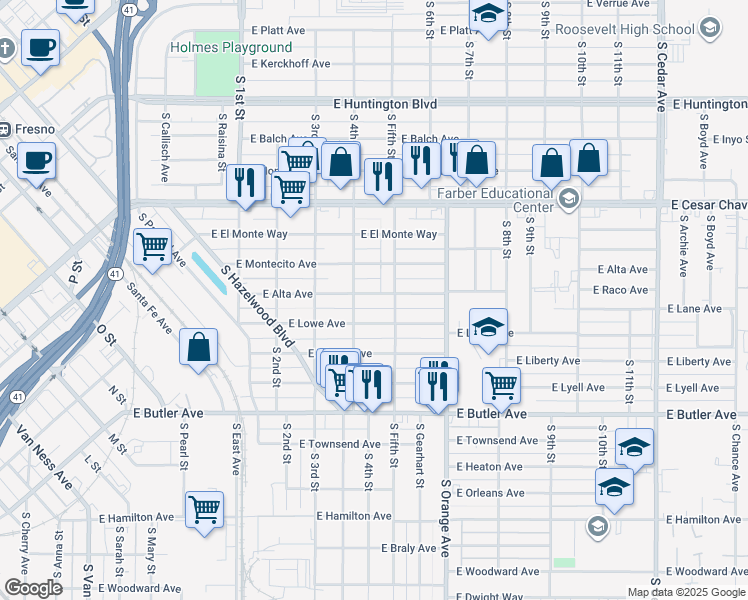 map of restaurants, bars, coffee shops, grocery stores, and more near 3432 East Alta Avenue in Fresno