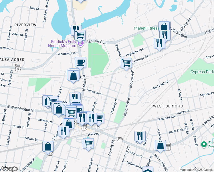 map of restaurants, bars, coffee shops, grocery stores, and more near 210 Central Avenue in Suffolk