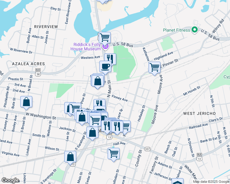 map of restaurants, bars, coffee shops, grocery stores, and more near 4 College Court in Suffolk