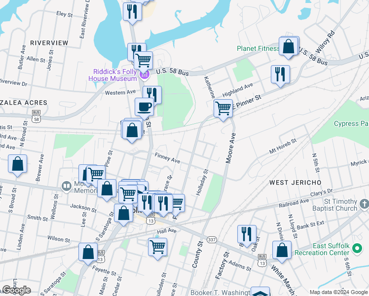 map of restaurants, bars, coffee shops, grocery stores, and more near 307 Hill Street in Suffolk