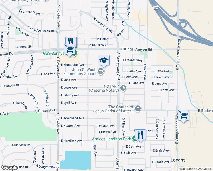 map of restaurants, bars, coffee shops, grocery stores, and more near 6384 East Lowe Avenue in Fresno