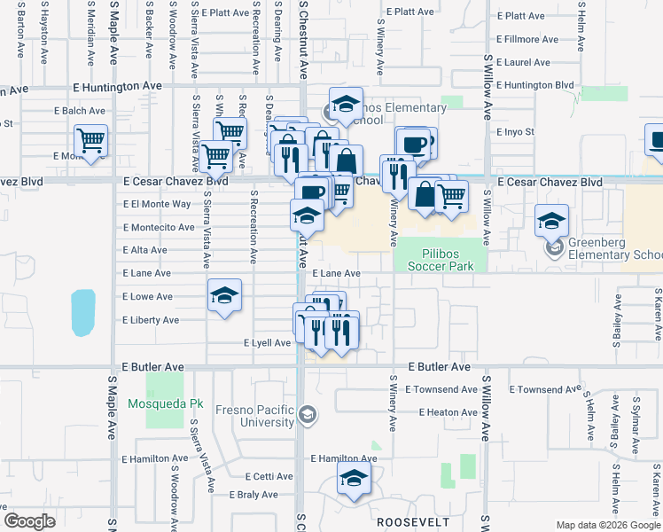map of restaurants, bars, coffee shops, grocery stores, and more near 4860 East Lane Avenue in Fresno