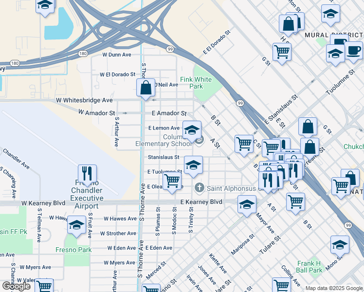 map of restaurants, bars, coffee shops, grocery stores, and more near 216 East San Joaquin Street in Fresno