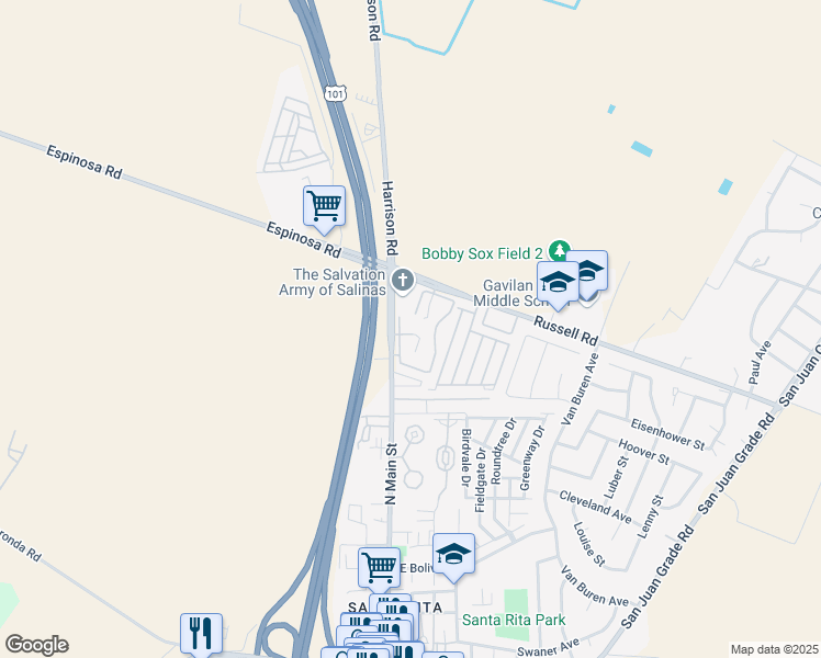 map of restaurants, bars, coffee shops, grocery stores, and more near 2390 North Main Street in Salinas