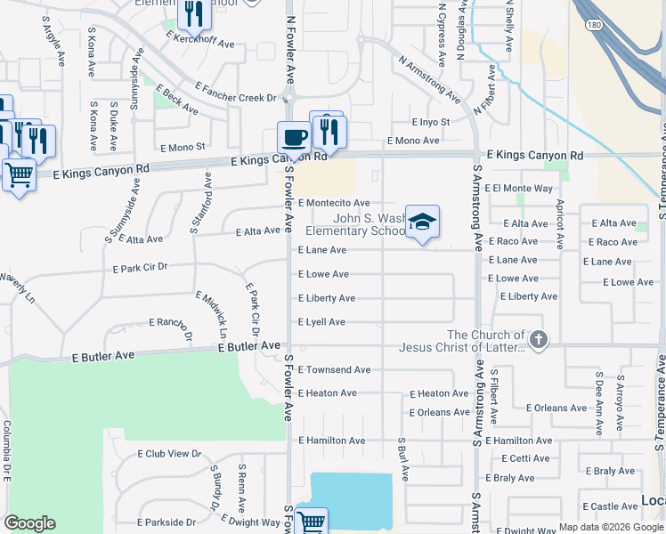 map of restaurants, bars, coffee shops, grocery stores, and more near 6093 East Lowe Avenue in Fresno