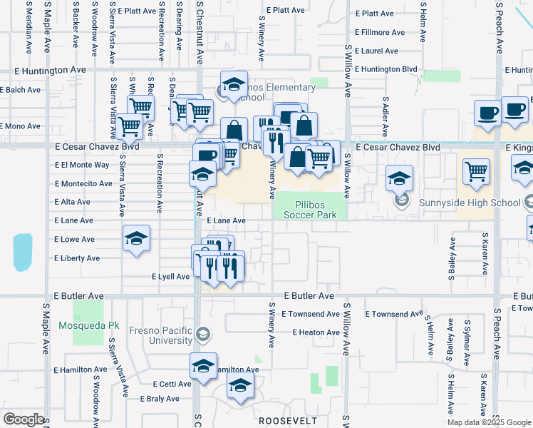 map of restaurants, bars, coffee shops, grocery stores, and more near 4860 East Lane Avenue in Fresno