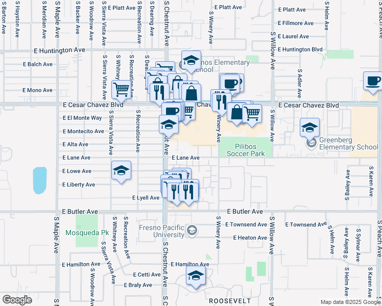 map of restaurants, bars, coffee shops, grocery stores, and more near 4860 East Lane Avenue in Fresno