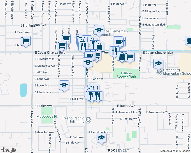 map of restaurants, bars, coffee shops, grocery stores, and more near 4860 East Lane Avenue in Fresno