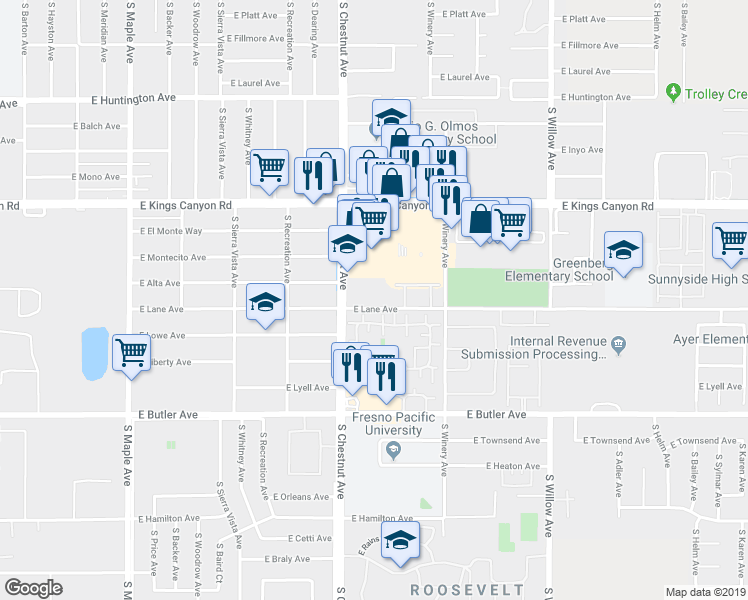 map of restaurants, bars, coffee shops, grocery stores, and more near 4860 East Lane Avenue in Fresno