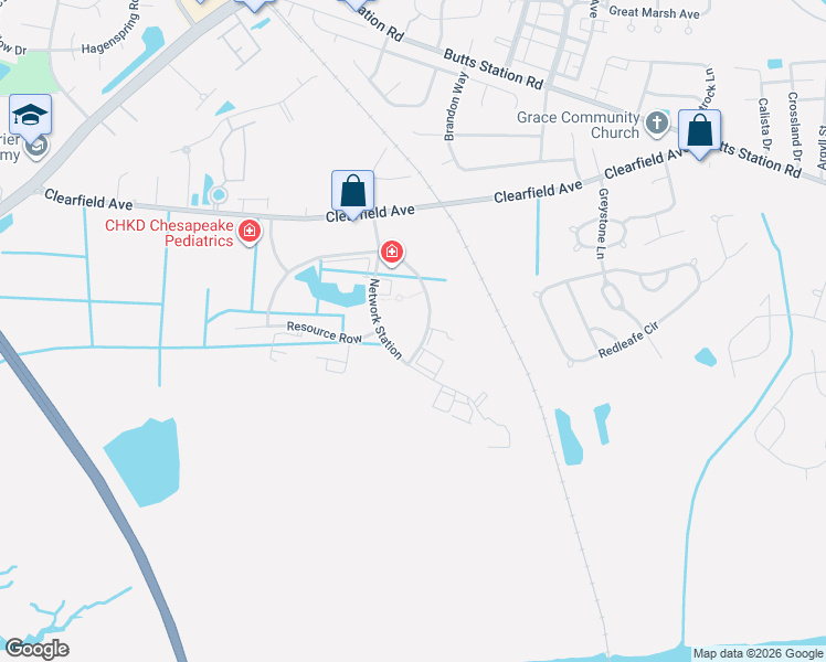 map of restaurants, bars, coffee shops, grocery stores, and more near 425 Network Station in Chesapeake
