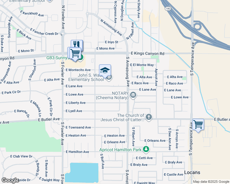 map of restaurants, bars, coffee shops, grocery stores, and more near 6384 East Lowe Avenue in Fresno