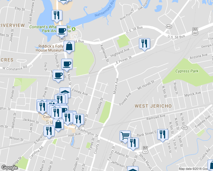 map of restaurants, bars, coffee shops, grocery stores, and more near 330 Holladay Street in Suffolk