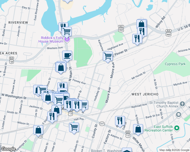 map of restaurants, bars, coffee shops, grocery stores, and more near 250 Pinner Street in Suffolk