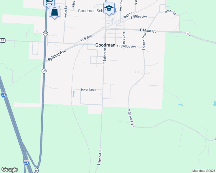 map of restaurants, bars, coffee shops, grocery stores, and more near 216-222 S School St in Goodman