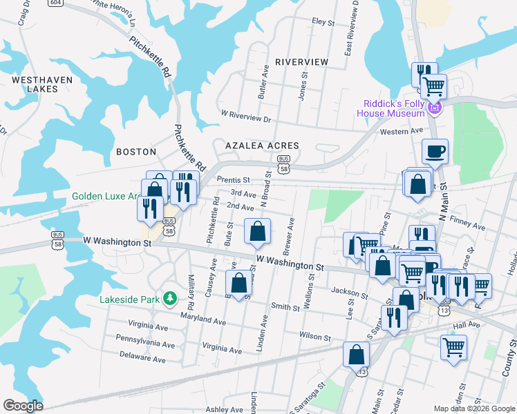 map of restaurants, bars, coffee shops, grocery stores, and more near 204 North Broad Street in Suffolk