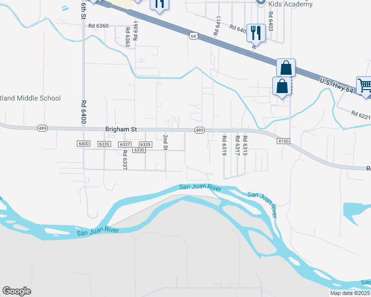 map of restaurants, bars, coffee shops, grocery stores, and more near 22 Road 6331 in Kirtland