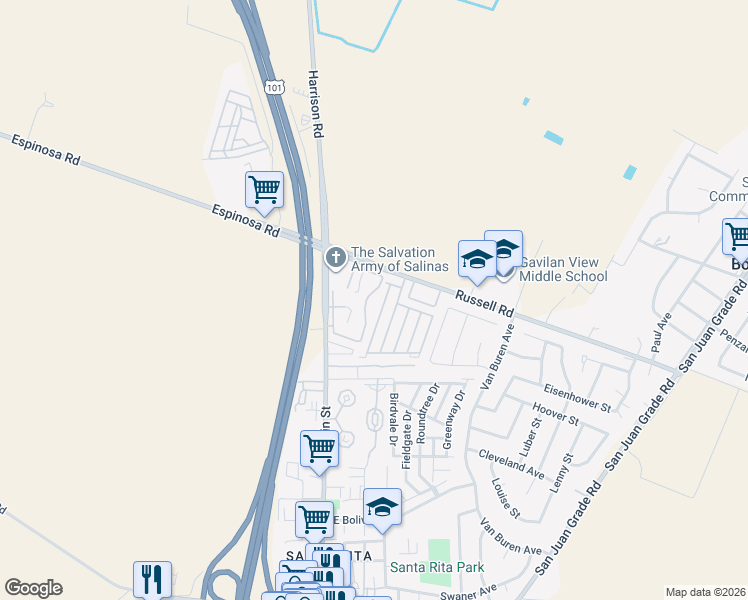 map of restaurants, bars, coffee shops, grocery stores, and more near 2422 North Main Street in Salinas