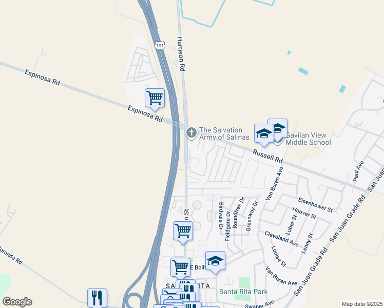 map of restaurants, bars, coffee shops, grocery stores, and more near 2388 North Main Street in Salinas