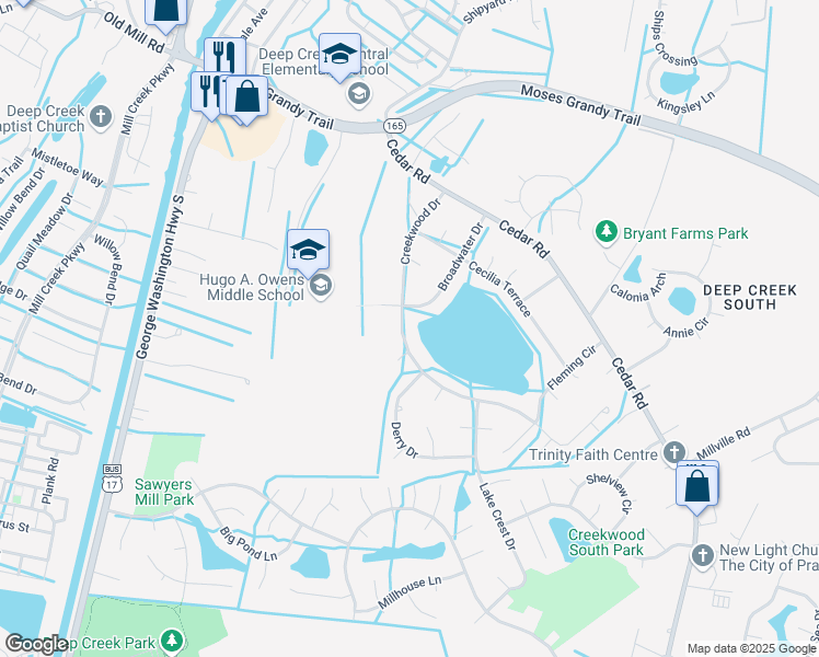 map of restaurants, bars, coffee shops, grocery stores, and more near 509 Creekwood Drive in Chesapeake