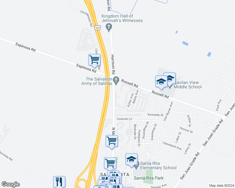 map of restaurants, bars, coffee shops, grocery stores, and more near 2398 North Main Street in Salinas